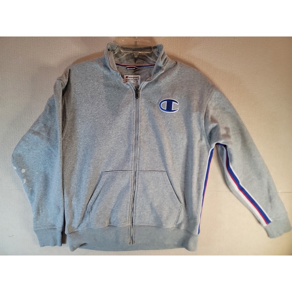 champion gray zip up stripes on side and sleeve red white blue size large Y2K